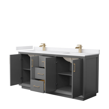 Strada 72 Inch Double Bathroom Vanity in Dark Gray White Cultured Marble Countertop Undermount Square Sink Satin Bronze Trim