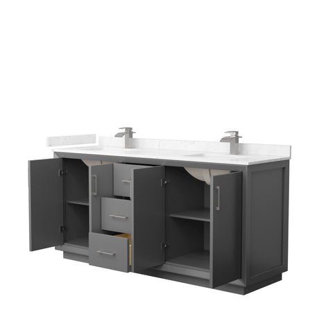 Strada 72 Inch Double Bathroom Vanity in Dark Gray Carrara Cultured Marble Countertop Undermount Square Sink Brushed Nickel Trim