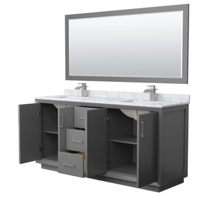 Strada 72 Inch Double Bathroom Vanity in Dark Gray White Carrara Marble Countertop Undermount Square Sink Brushed Nickel Trim 70 Inch Mirror