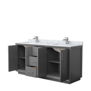 Strada 72 Inch Double Bathroom Vanity in Dark Gray White Carrara Marble Countertop Undermount Square Sink Brushed Nickel Trim