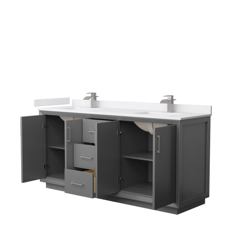 Strada 72 Inch Double Bathroom Vanity in Dark Gray White Cultured Marble Countertop Undermount Square Sink Brushed Nickel Trim