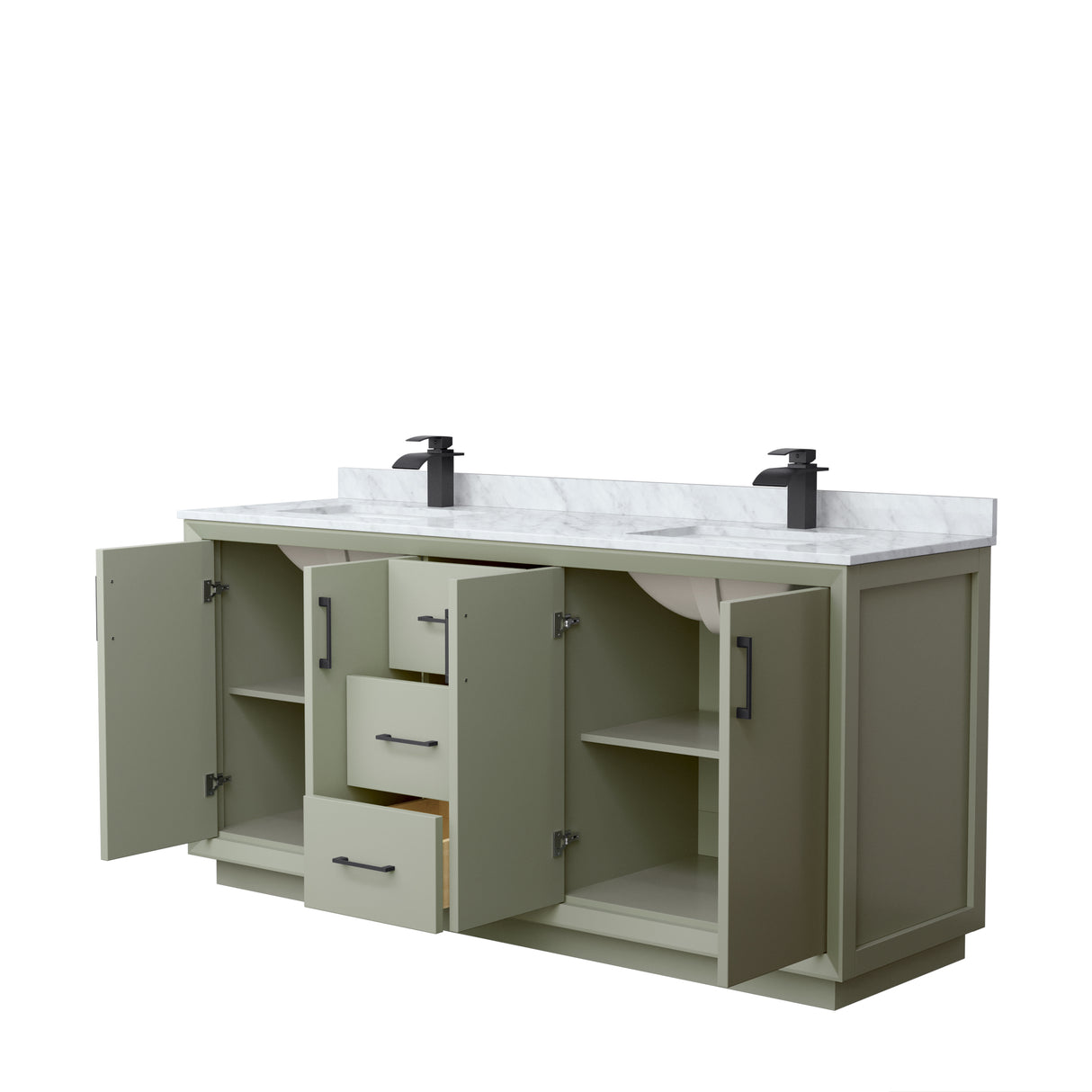 Strada 72 Inch Double Bathroom Vanity in Light Green White Carrara Marble Countertop Undermount Square Sinks Matte Black Trim