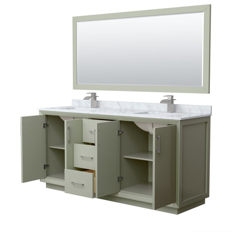 Strada 72 Inch Double Bathroom Vanity in Light Green White Carrara Marble Countertop Undermount Square Sinks Brushed Nickel Trim 70 Inch Mirror