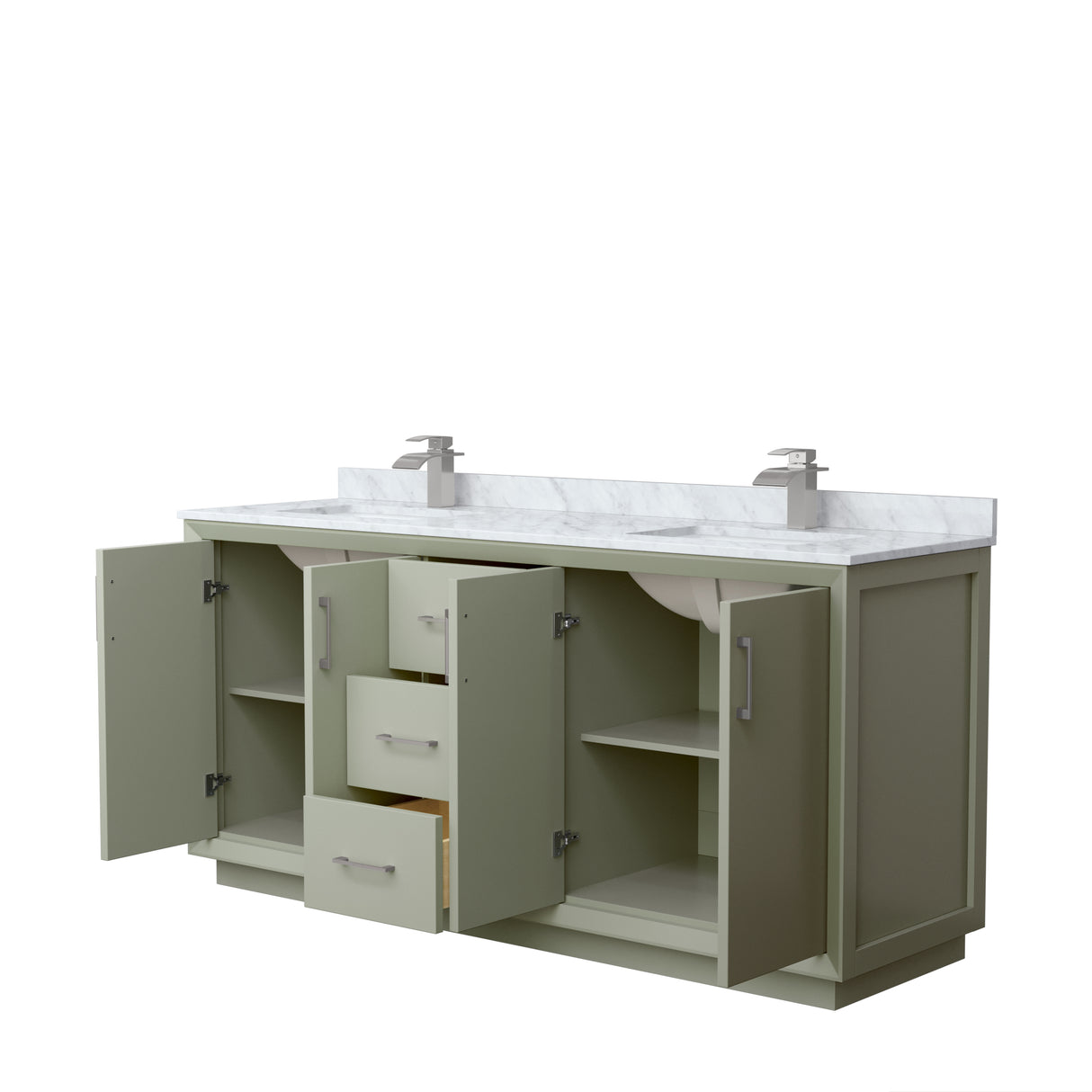 Strada 72 Inch Double Bathroom Vanity in Light Green White Carrara Marble Countertop Undermount Square Sinks Brushed Nickel Trim