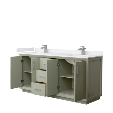 Strada 72 Inch Double Bathroom Vanity in Light Green White Cultured Marble Countertop Undermount Square Sinks Brushed Nickel Trim