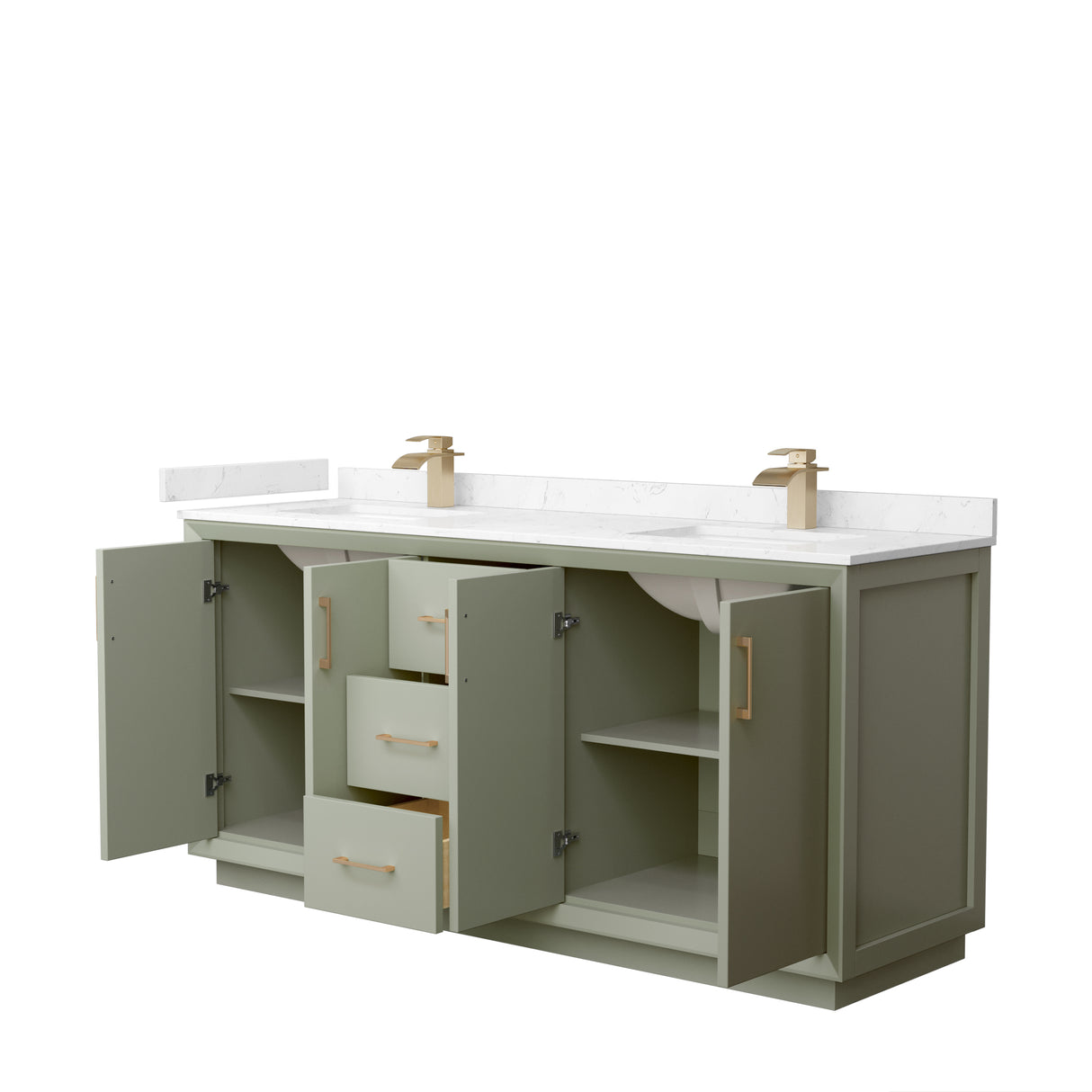 Strada 72 Inch Double Bathroom Vanity in Light Green Carrara Cultured Marble Countertop Undermount Square Sinks Satin Bronze Trim