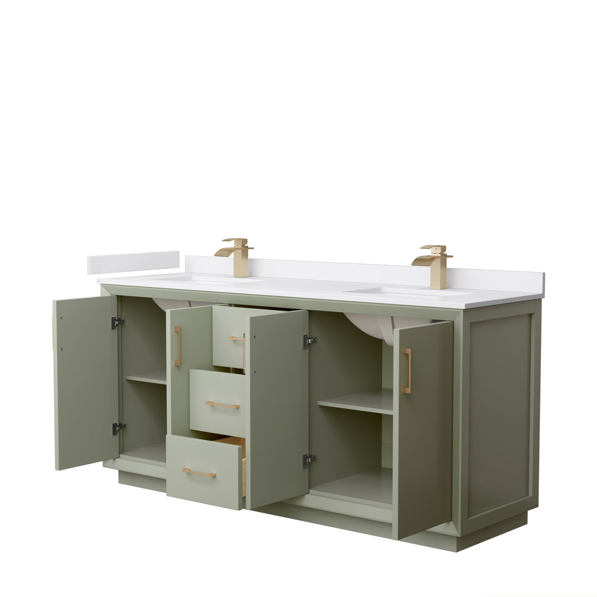 Strada 72 Inch Double Bathroom Vanity in Light Green White Cultured Marble Countertop Undermount Square Sinks Satin Bronze Trim