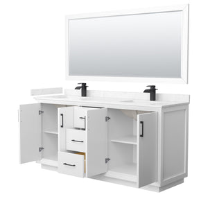 Strada 72 Inch Double Bathroom Vanity in White Carrara Cultured Marble Countertop Undermount Square Sink Matte Black Trim 70 Inch Mirror