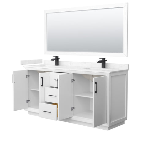 Strada 72 Inch Double Bathroom Vanity in White Carrara Cultured Marble Countertop Undermount Square Sink Matte Black Trim 70 Inch Mirror