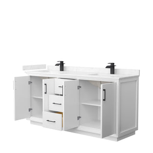 Strada 72 Inch Double Bathroom Vanity in White Carrara Cultured Marble Countertop Undermount Square Sink Matte Black Trim