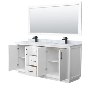 Strada 72 Inch Double Bathroom Vanity in White White Carrara Marble Countertop Undermount Square Sink Matte Black Trim 70 Inch Mirror