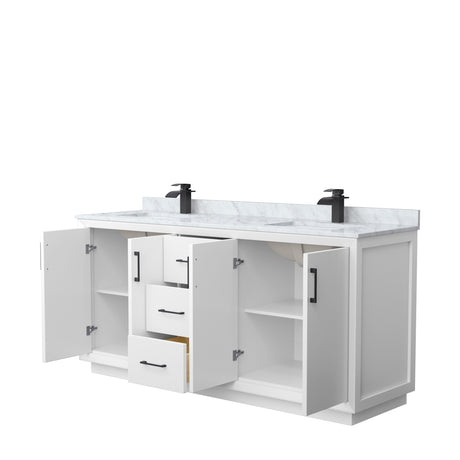 Strada 72 Inch Double Bathroom Vanity in White White Carrara Marble Countertop Undermount Square Sink Matte Black Trim