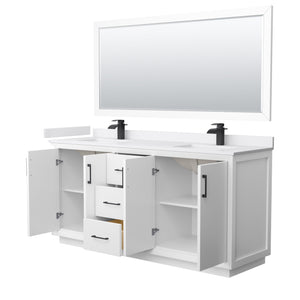 Strada 72 Inch Double Bathroom Vanity in White White Cultured Marble Countertop Undermount Square Sink Matte Black Trim 70 Inch Mirror