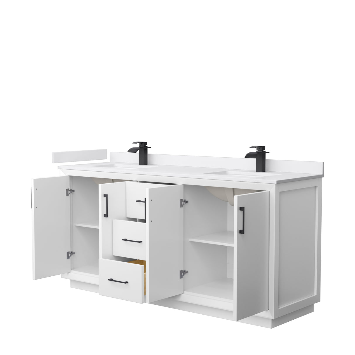 Strada 72 Inch Double Bathroom Vanity in White White Cultured Marble Countertop Undermount Square Sink Matte Black Trim