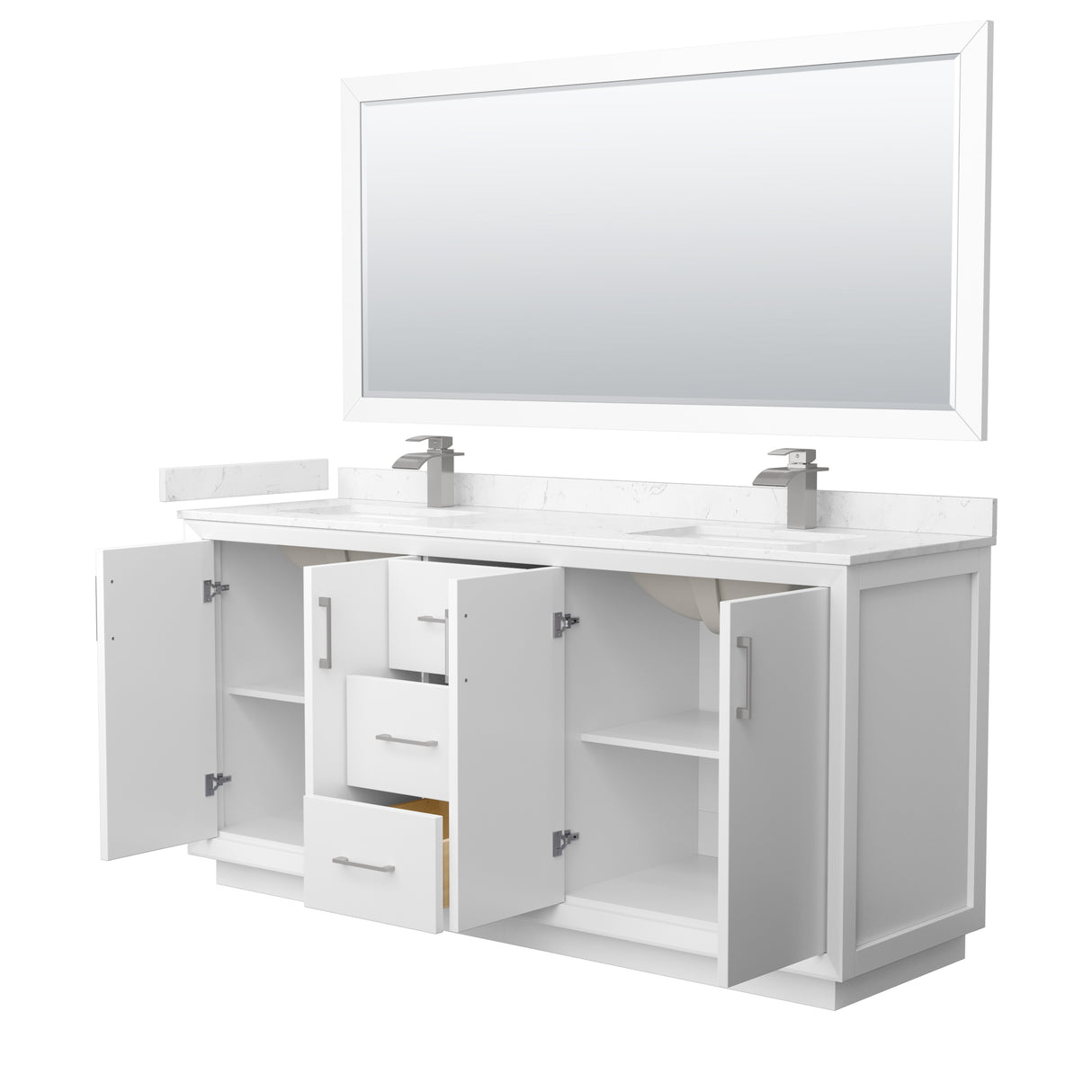 Strada 72 Inch Double Bathroom Vanity in White Carrara Cultured Marble Countertop Undermount Square Sink Brushed Nickel Trim 70 Inch Mirror