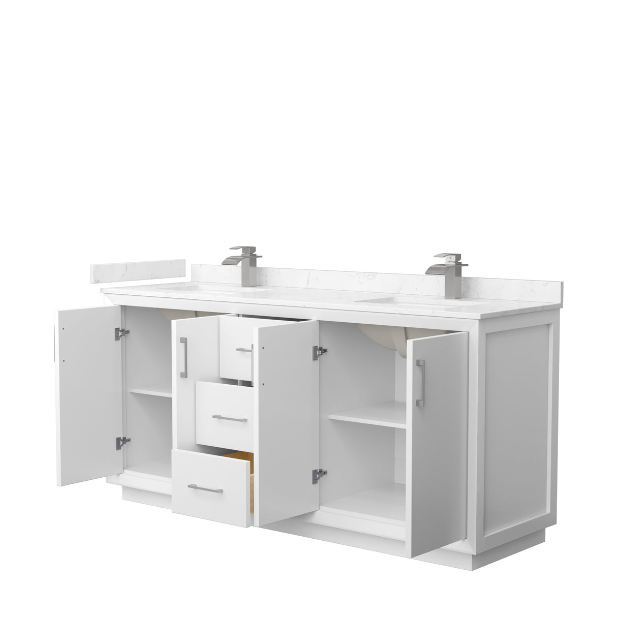 Strada 72 Inch Double Bathroom Vanity in White Carrara Cultured Marble Countertop Undermount Square Sink Brushed Nickel Trim