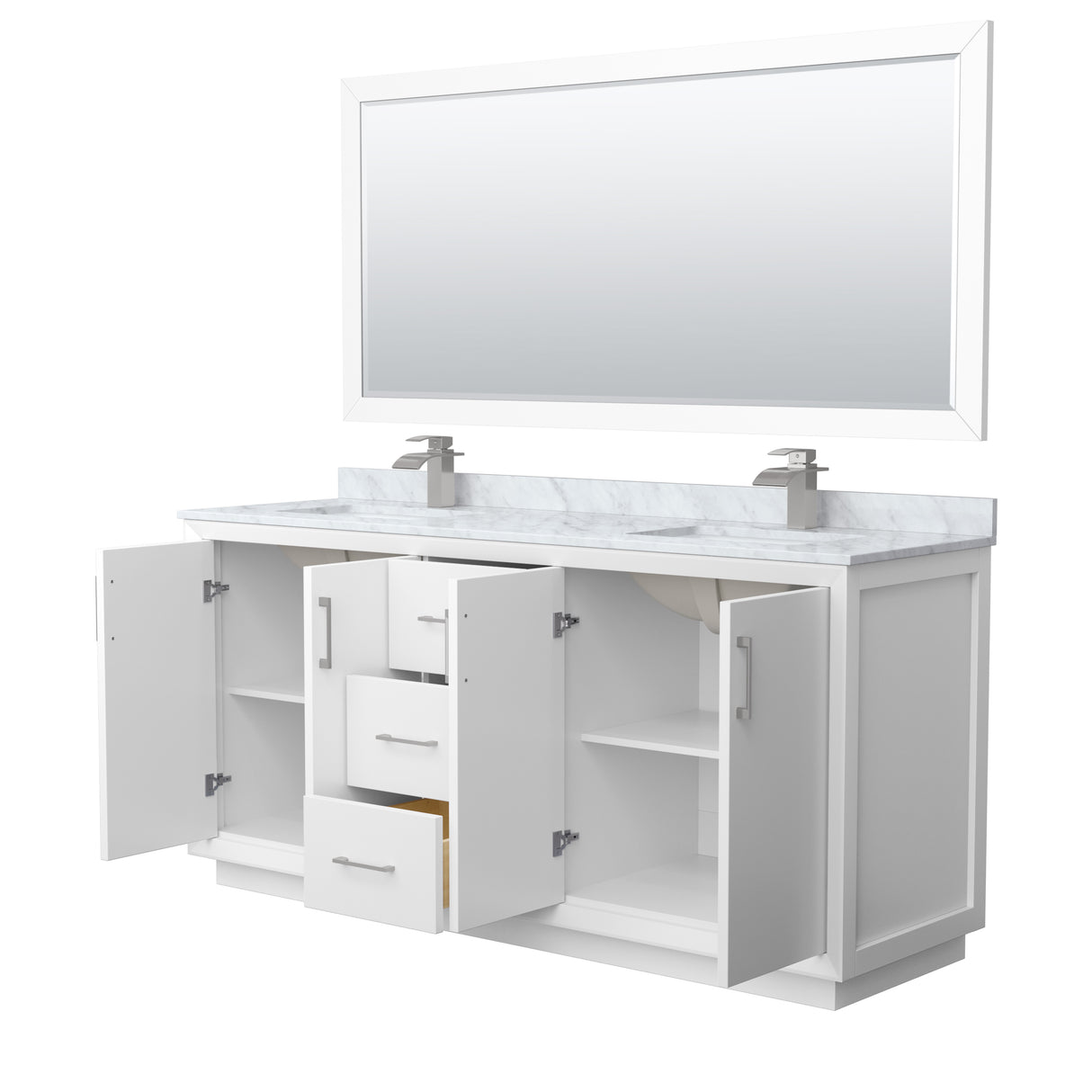 Strada 72 Inch Double Bathroom Vanity in White White Carrara Marble Countertop Undermount Square Sink Brushed Nickel Trim 70 Inch Mirror