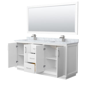 Strada 72 Inch Double Bathroom Vanity in White White Carrara Marble Countertop Undermount Square Sink Brushed Nickel Trim 70 Inch Mirror