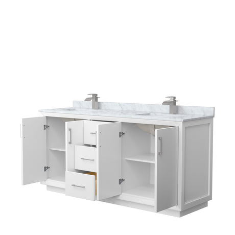 Strada 72 Inch Double Bathroom Vanity in White White Carrara Marble Countertop Undermount Square Sink Brushed Nickel Trim