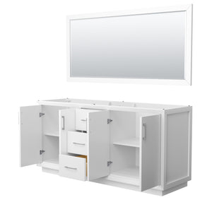 Strada 72 Inch Double Bathroom Vanity in White No Countertop No Sink Brushed Nickel Trim 70 Inch Mirror