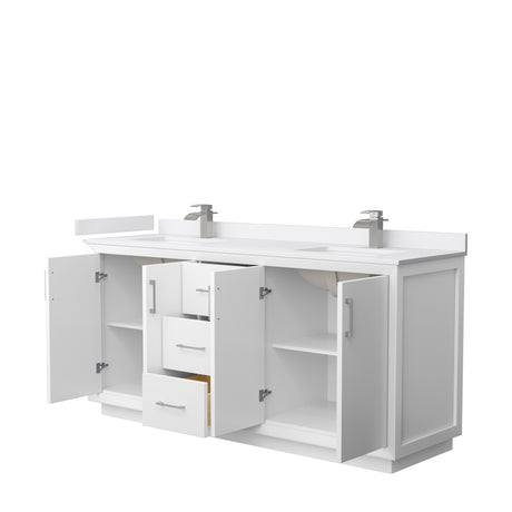 Strada 72 Inch Double Bathroom Vanity in White White Cultured Marble Countertop Undermount Square Sink Brushed Nickel Trim