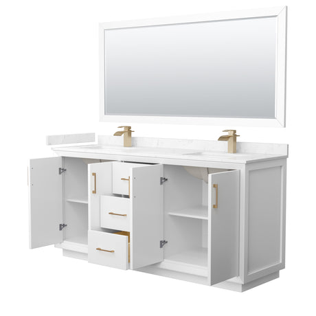 Strada 72 Inch Double Bathroom Vanity in White Carrara Cultured Marble Countertop Undermount Square Sink Satin Bronze Trim 70 Inch Mirror
