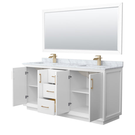 Strada 72 Inch Double Bathroom Vanity in White White Carrara Marble Countertop Undermount Square Sink Satin Bronze Trim 70 Inch Mirror