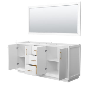 Strada 72 Inch Double Bathroom Vanity in White No Countertop No Sink Satin Bronze Trim 70 Inch Mirror