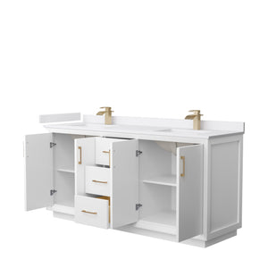 Strada 72 Inch Double Bathroom Vanity in White White Cultured Marble Countertop Undermount Square Sink Satin Bronze Trim