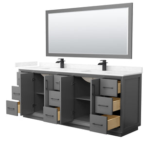 Strada 84 Inch Double Bathroom Vanity in Dark Gray Carrara Cultured Marble Countertop Undermount Square Sink Matte Black Trim 70 Inch Mirror