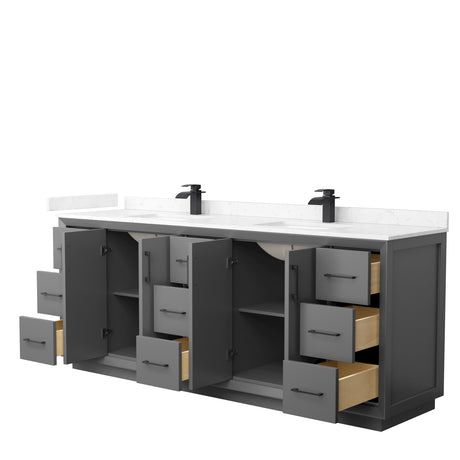 Strada 84 Inch Double Bathroom Vanity in Dark Gray Carrara Cultured Marble Countertop Undermount Square Sink Matte Black Trim