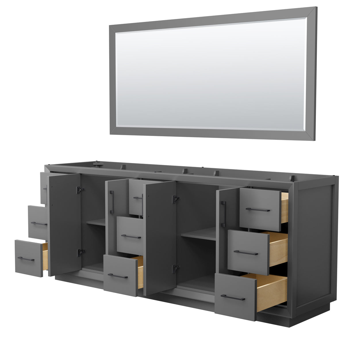 Strada 84 Inch Double Bathroom Vanity in Dark Gray No Countertop No Sink Matte Black Trim 70 Inch Mirror