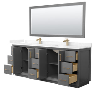 Strada 84 Inch Double Bathroom Vanity in Dark Gray Carrara Cultured Marble Countertop Undermount Square Sink Satin Bronze Trim 70 Inch Mirror