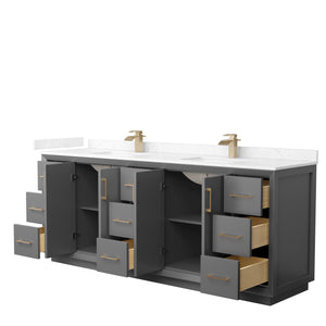 Strada 84 Inch Double Bathroom Vanity in Dark Gray Carrara Cultured Marble Countertop Undermount Square Sink Satin Bronze Trim