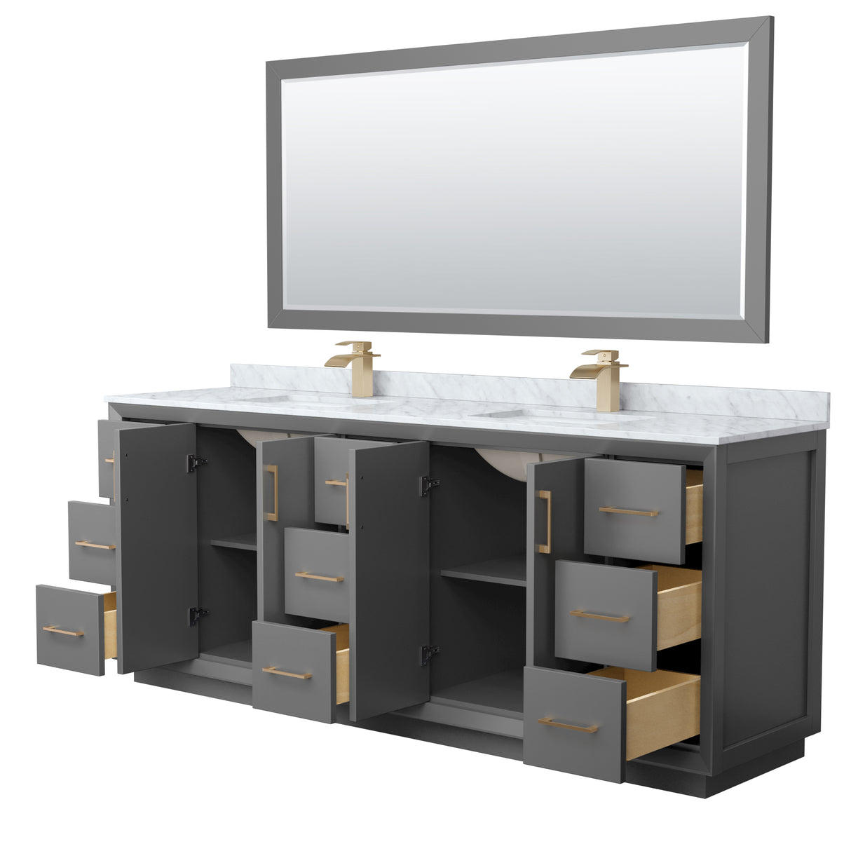 Strada 84 Inch Double Bathroom Vanity in Dark Gray White Carrara Marble Countertop Undermount Square Sink Satin Bronze Trim 70 Inch Mirror