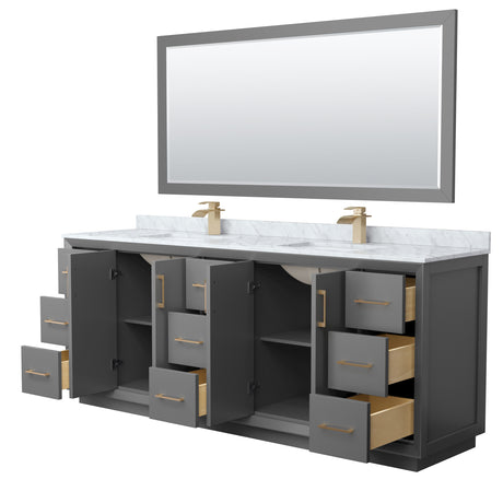 Strada 84 Inch Double Bathroom Vanity in Dark Gray White Carrara Marble Countertop Undermount Square Sink Satin Bronze Trim 70 Inch Mirror