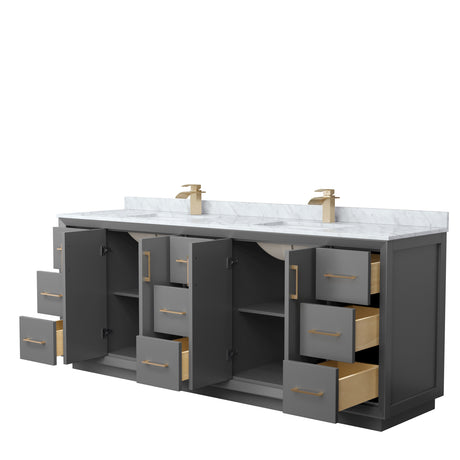 Strada 84 Inch Double Bathroom Vanity in Dark Gray White Carrara Marble Countertop Undermount Square Sink Satin Bronze Trim