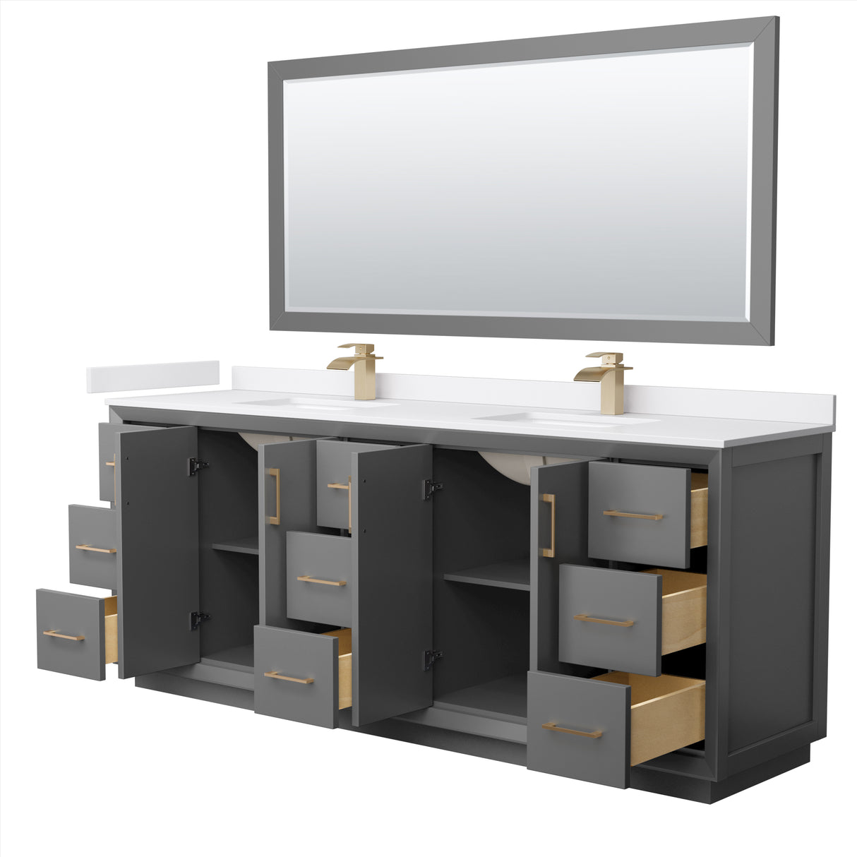 Strada 84 Inch Double Bathroom Vanity in Dark Gray White Cultured Marble Countertop Undermount Square Sink Satin Bronze Trim 70 Inch Mirror