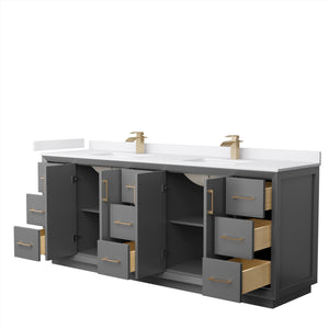 Strada 84 Inch Double Bathroom Vanity in Dark Gray White Cultured Marble Countertop Undermount Square Sink Satin Bronze Trim