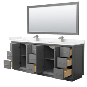 Strada 84 Inch Double Bathroom Vanity in Dark Gray Carrara Cultured Marble Countertop Undermount Square Sink Brushed Nickel Trim 70 Inch Mirror