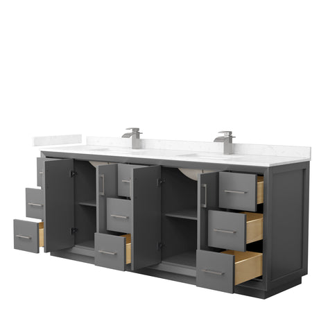 Strada 84 Inch Double Bathroom Vanity in Dark Gray Carrara Cultured Marble Countertop Undermount Square Sink Brushed Nickel Trim