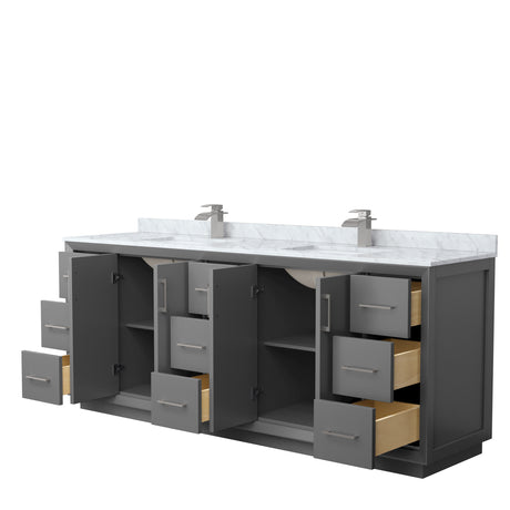 Strada 84 Inch Double Bathroom Vanity in Dark Gray White Carrara Marble Countertop Undermount Square Sink Brushed Nickel Trim