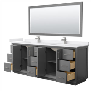 Strada 84 Inch Double Bathroom Vanity in Dark Gray White Cultured Marble Countertop Undermount Square Sink Brushed Nickel Trim 70 Inch Mirror