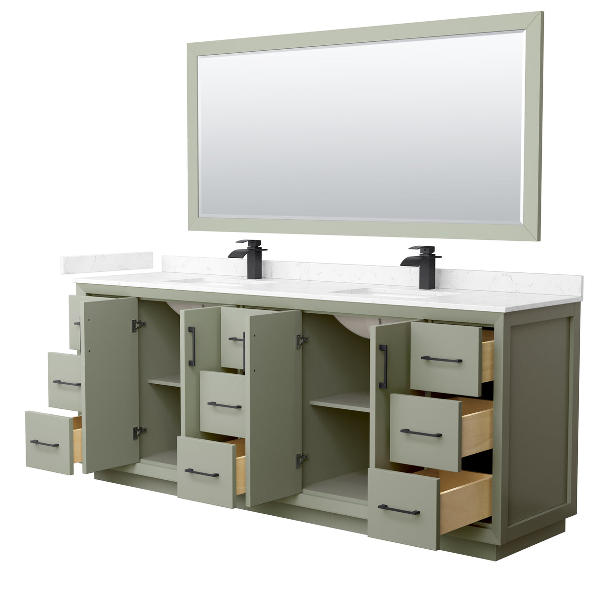 Strada 84 Inch Double Bathroom Vanity in Light Green Carrara Cultured Marble Countertop Undermount Square Sinks Matte Black Trim 70 Inch Mirror