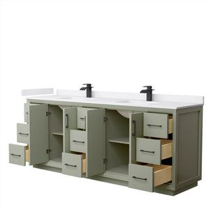 Strada 84 Inch Double Bathroom Vanity in Light Green White Cultured Marble Countertop Undermount Square Sinks Matte Black Trim