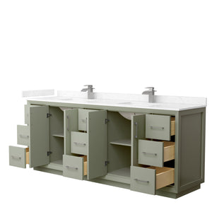 Strada 84 Inch Double Bathroom Vanity in Light Green Carrara Cultured Marble Countertop Undermount Square Sinks Brushed Nickel Trim