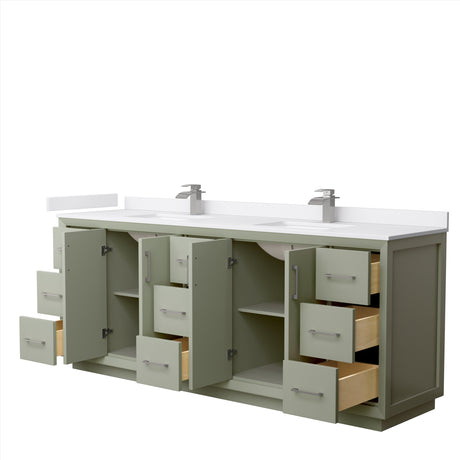 Strada 84 Inch Double Bathroom Vanity in Light Green White Cultured Marble Countertop Undermount Square Sinks Brushed Nickel Trim