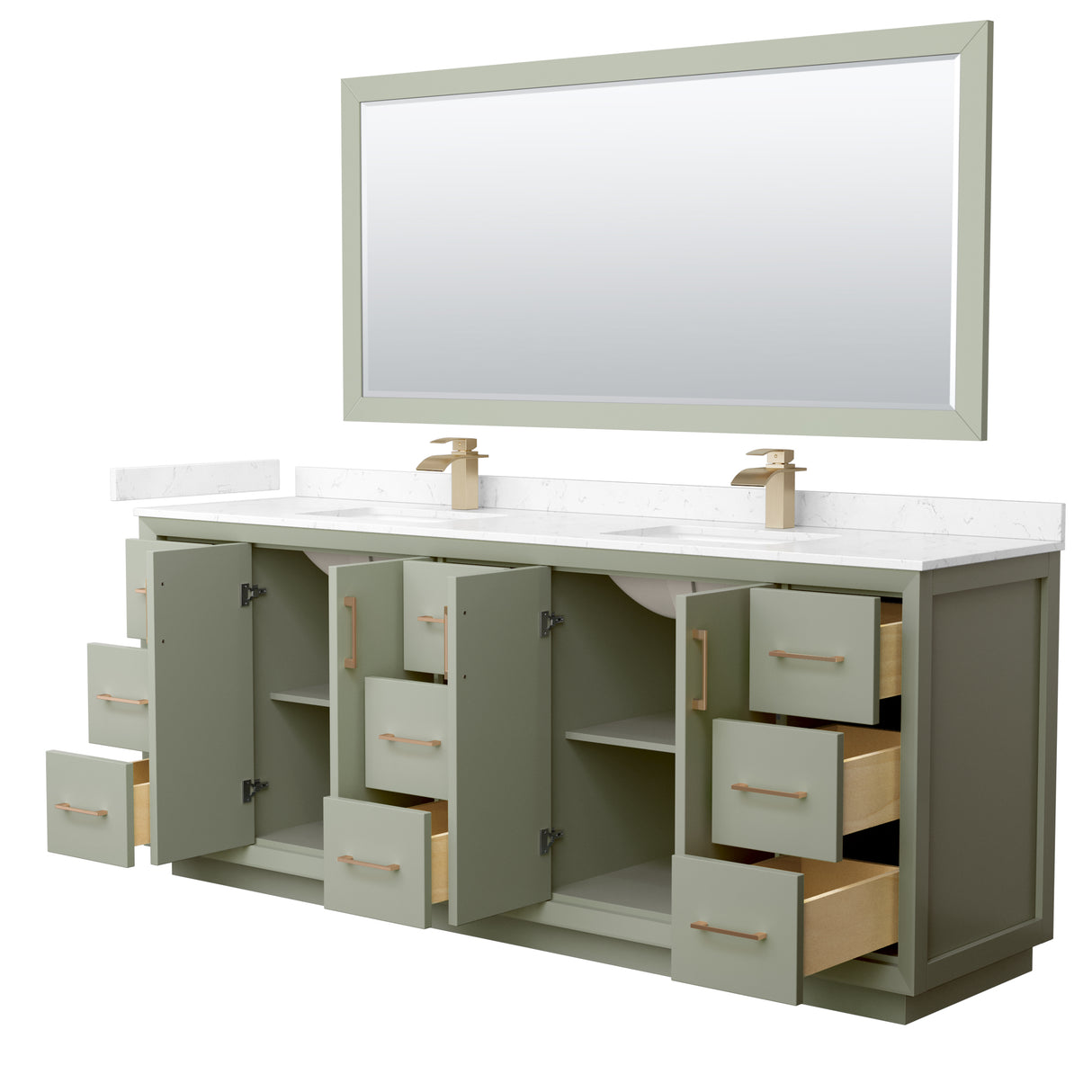 Strada 84 Inch Double Bathroom Vanity in Light Green Carrara Cultured Marble Countertop Undermount Square Sinks Satin Bronze Trim 70 Inch Mirror