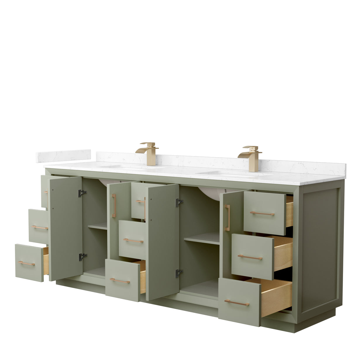 Strada 84 Inch Double Bathroom Vanity in Light Green Carrara Cultured Marble Countertop Undermount Square Sinks Satin Bronze Trim