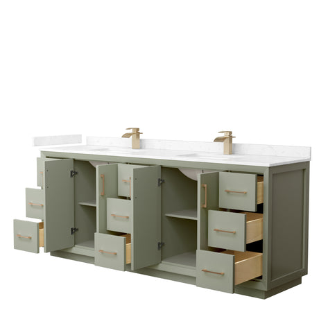Strada 84 Inch Double Bathroom Vanity in Light Green Carrara Cultured Marble Countertop Undermount Square Sinks Satin Bronze Trim